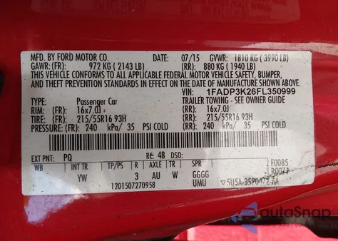 2015 Ford Focus Se z USA, uszkodzony, nr VIN 1FADP3K26FL350999